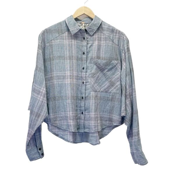 Free People Cropped Cutie Plaid Button Front Cotton Shirt Blue Gray Size Small - Picture 2 of 13